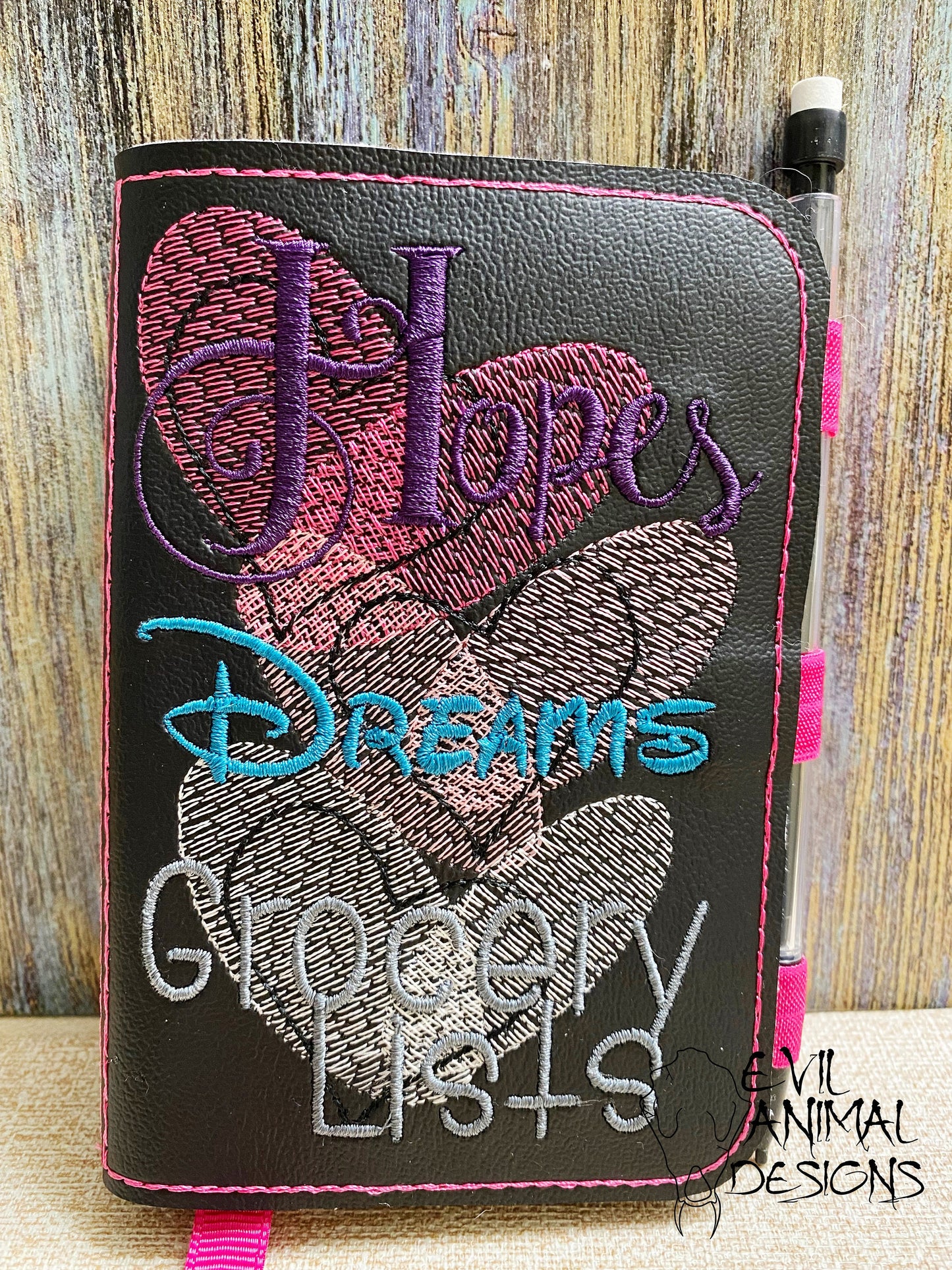 Hearts Hopes Dreams Grocery Lists Mini Notebook Cover with Pen Holder Bookmark