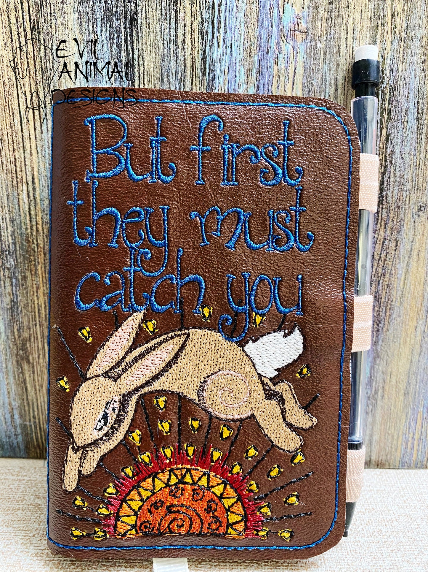 But First They Must Catch You Rabbit Mini Notebook Cover with Pen Holder Bookmark